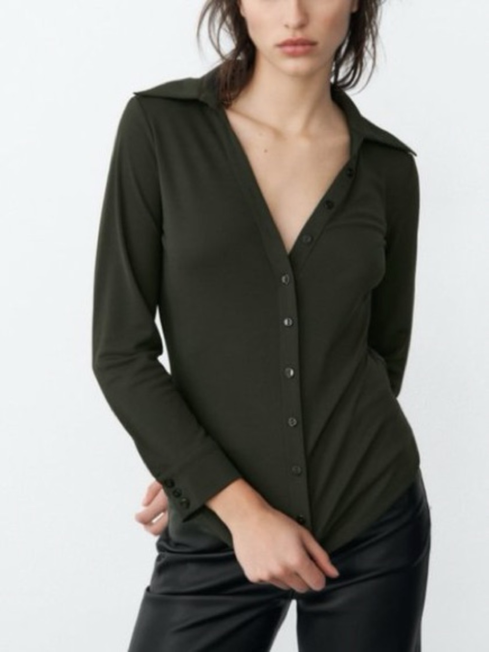 ZARA Olive Green Fitted Button-Front Women's Top XL